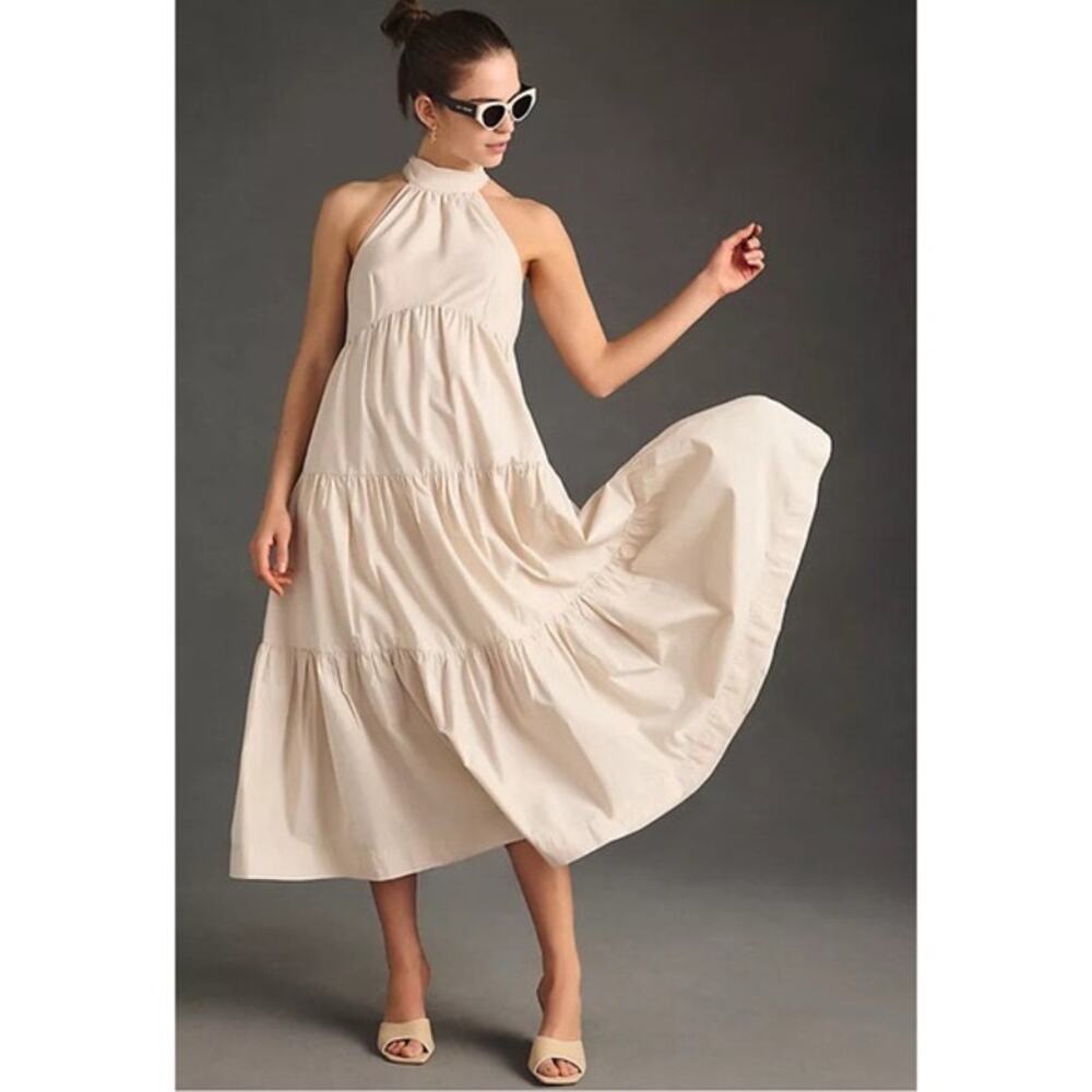 nwot MAEVE Dress 12P ALine Tier Halter 3Btn Pockets Midi Sleeveless Cotton Lined